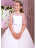 White Pearls Tulle Buttons Back Long Flower Girl Dress